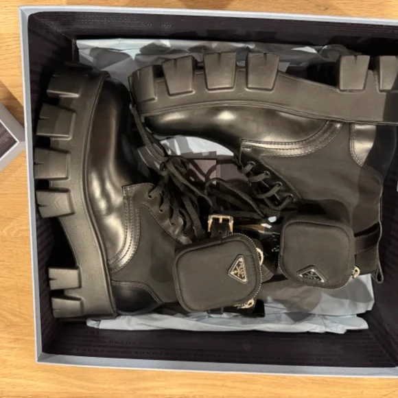 NEW Prada Black Monolith Leather Boots W/ Re-Nylon Pouch Size 39EU - Picture 6 of 6